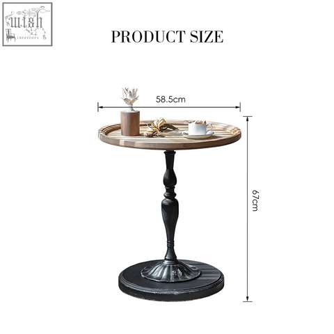 Iphigenia retro side table with round wood top and black wrought iron pedestal base for stylish living spaces