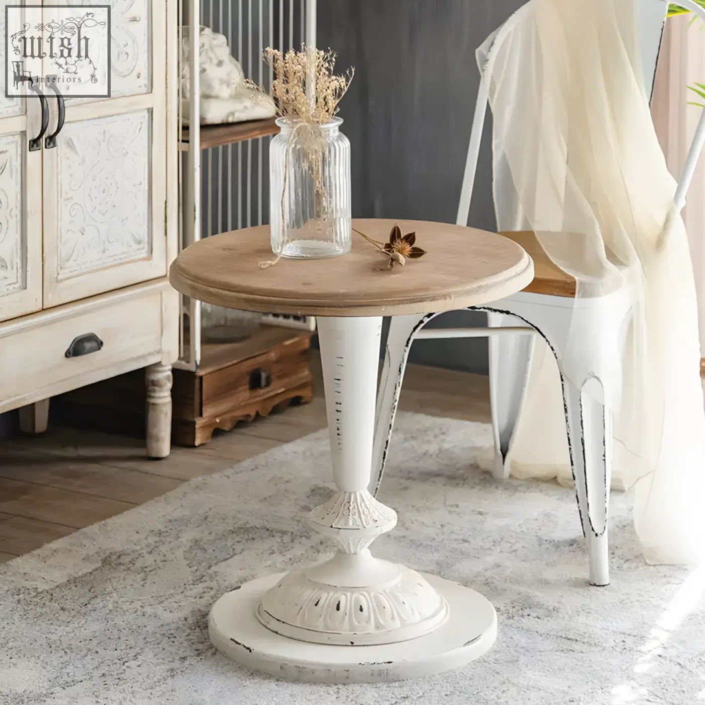 Iphigenia retro side table with round wood top and distressed white wrought iron base featuring vintage details