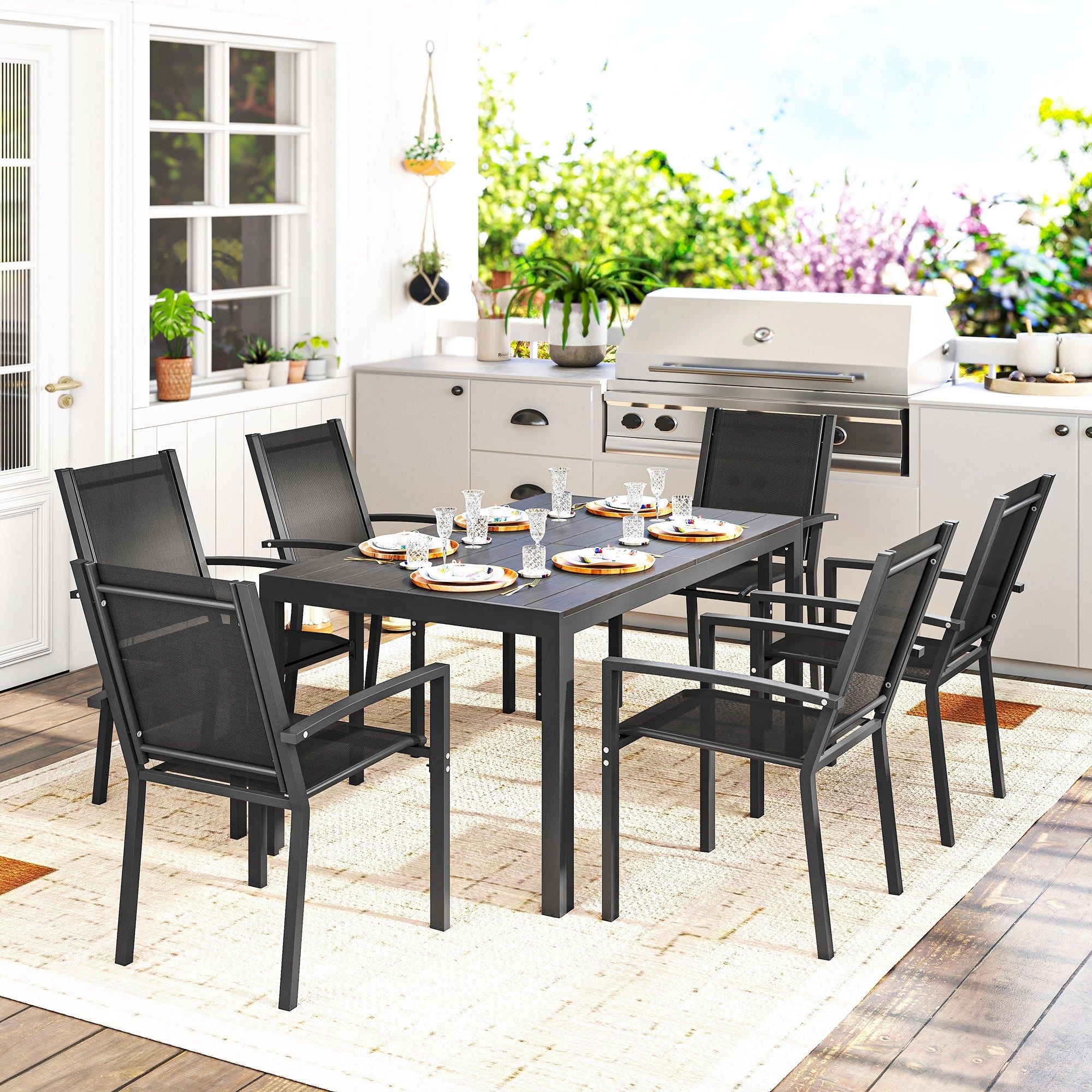 Outsunny Seven-Piece Garden Dining Set, with Plastic Wood-Top Table - Black
