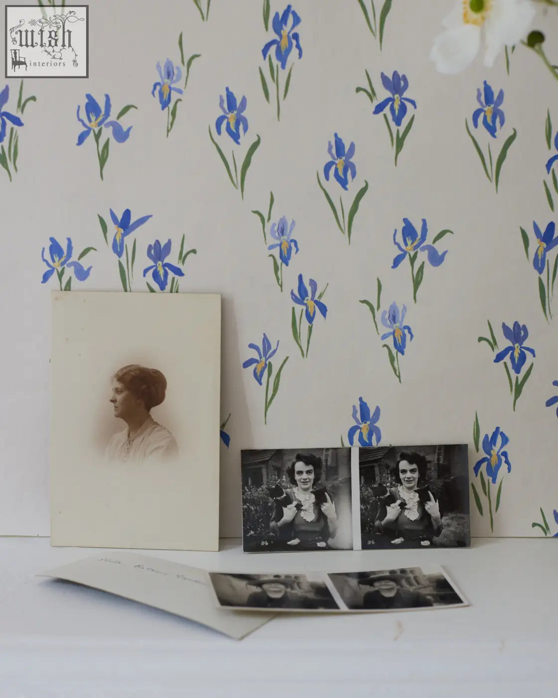 Vintage sepia-toned portrait of a woman in profile framed by cream matting featured on iris wallpaper with blue floral print