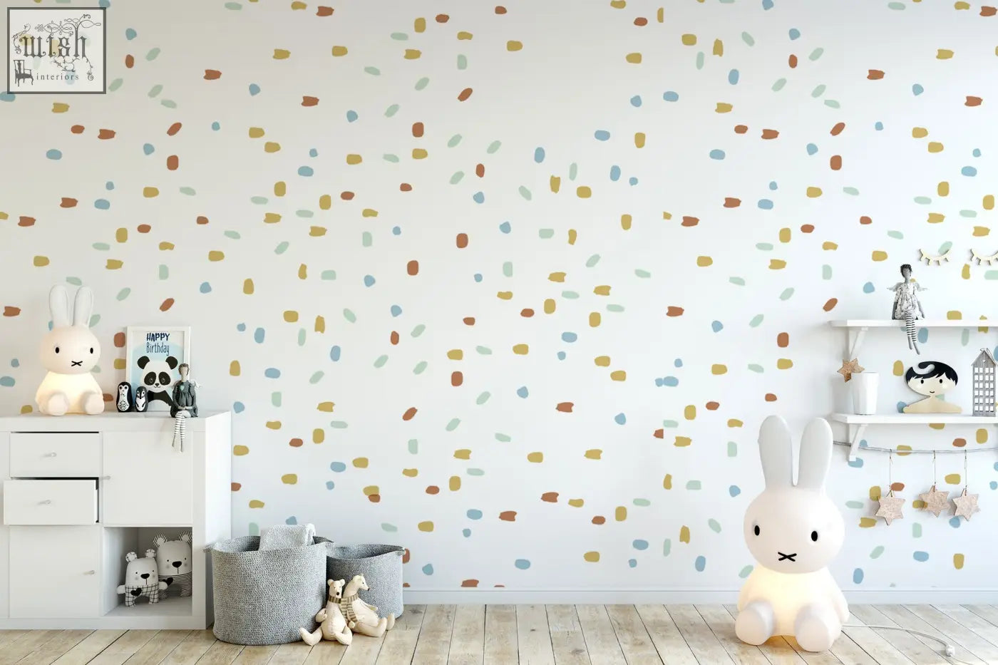 A soft glowing white miffy lamp with minimalist design next to irregular shape dots wall decals stickers pack