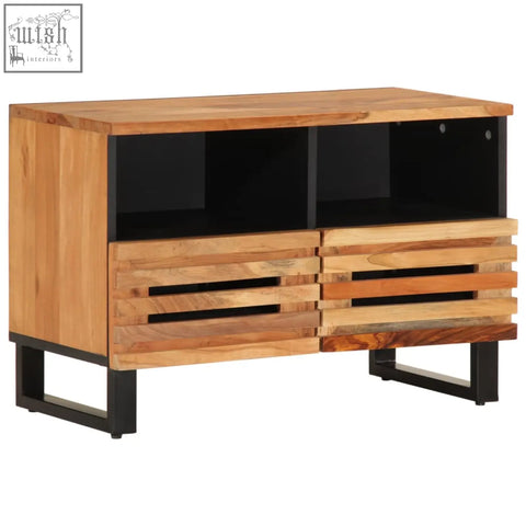 Rustic media console with slatted drawers black metal legs made of solid acacia wood in natural finish 70cm wide