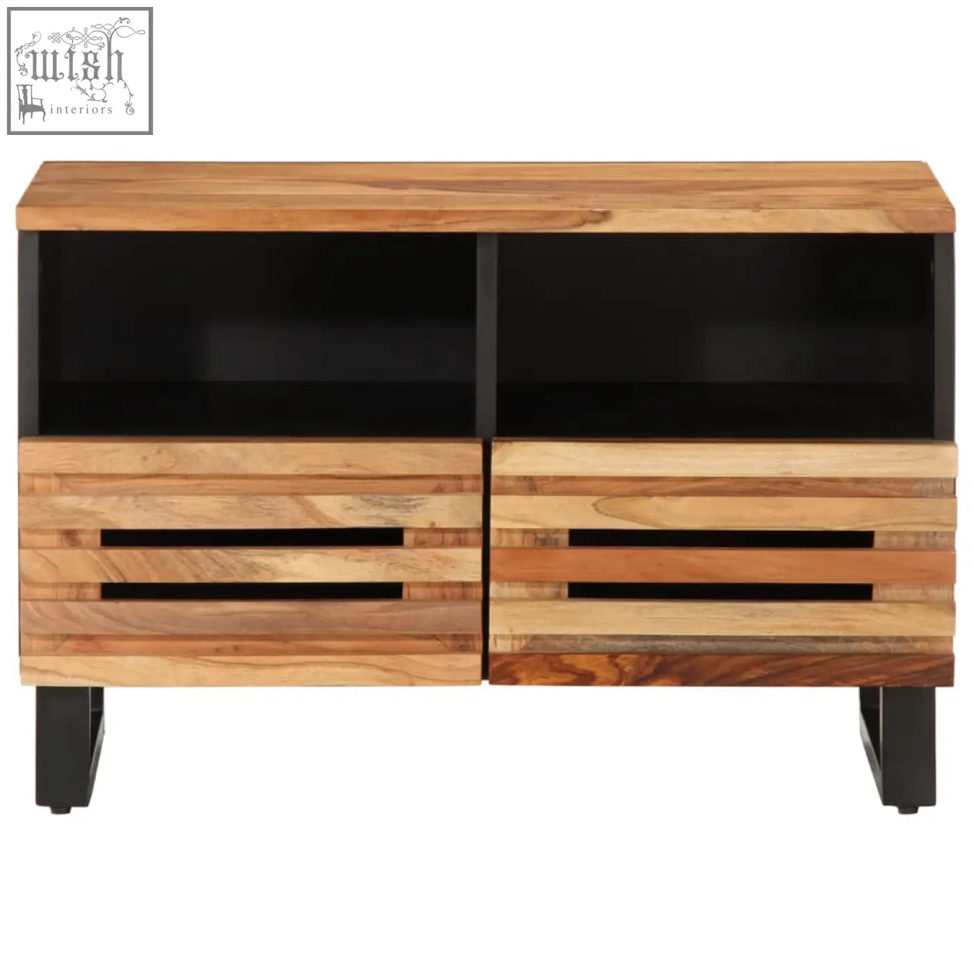 Rustic 70cm media console made of solid acacia wood with black metal accents and visible grain patterns on slatted drawers