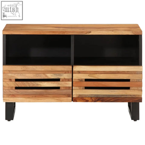 Rustic 70cm media console made of solid acacia wood with black metal accents and visible grain patterns on slatted drawers