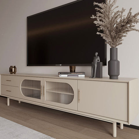 Beige mid-century modern isabella tv stand with oval glass door panels and slender legs for stylish storage