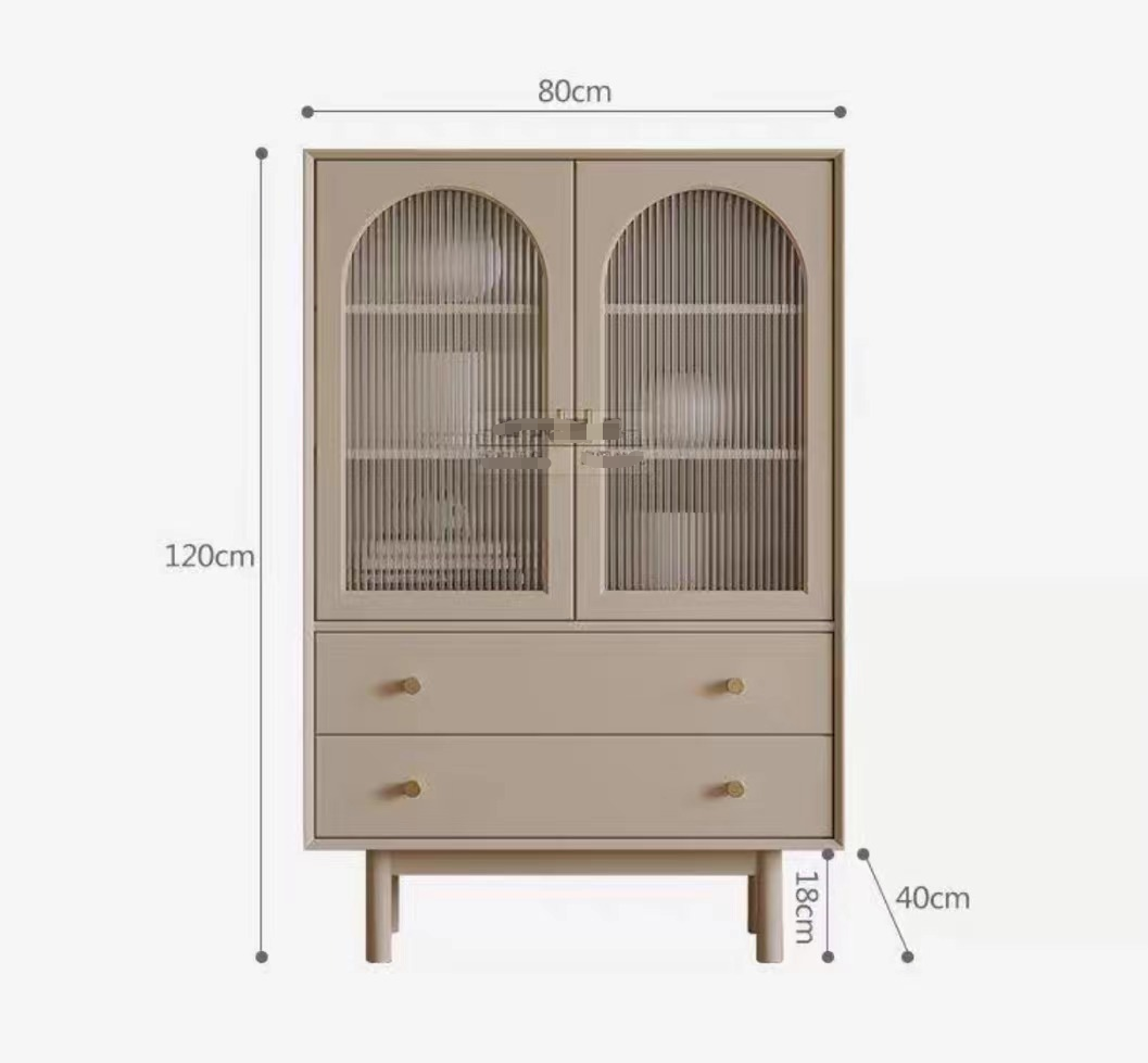 Beige isabella tv stand with arched glass door featuring vertical slats and two drawers on slender legs