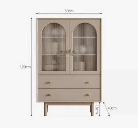 Beige isabella tv stand with arched glass door featuring vertical slats and two drawers on slender legs