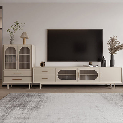 Beige isabella tv stand with arched glass door and sleek metal handles for modern living room storage