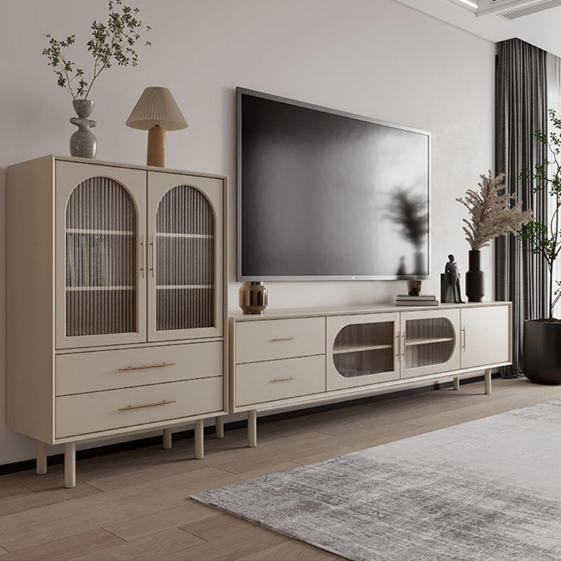 Beige modern isabella tv stand with arched glass door and sleek metal handles for stylish media storage