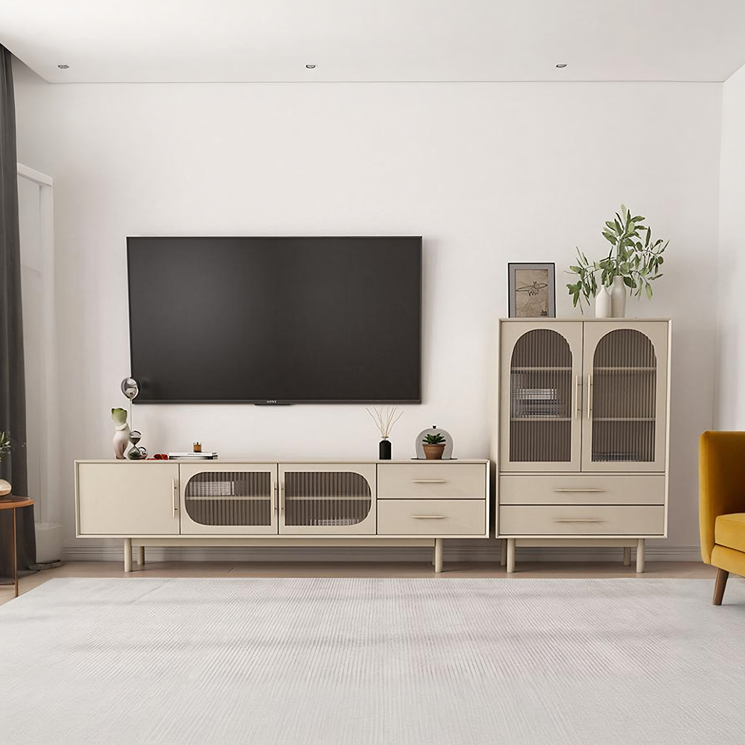 Beige isabella tv stand with glass door features arched glass doors and slender legs for a modern media console look