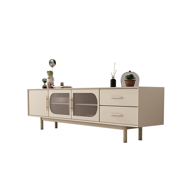 Beige isabella tv stand with glass door features two glass-paneled slatted doors and two drawers on slender legs