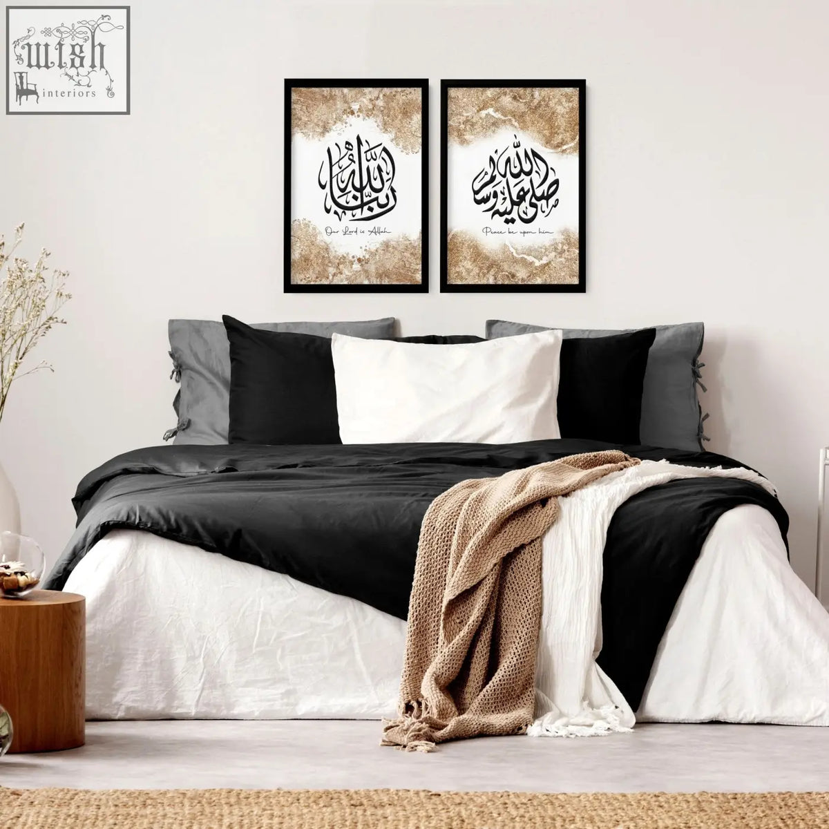 Black-framed islamic wall art prints with gold-foiled backgrounds set of 2 hanging above bed for bedroom decor