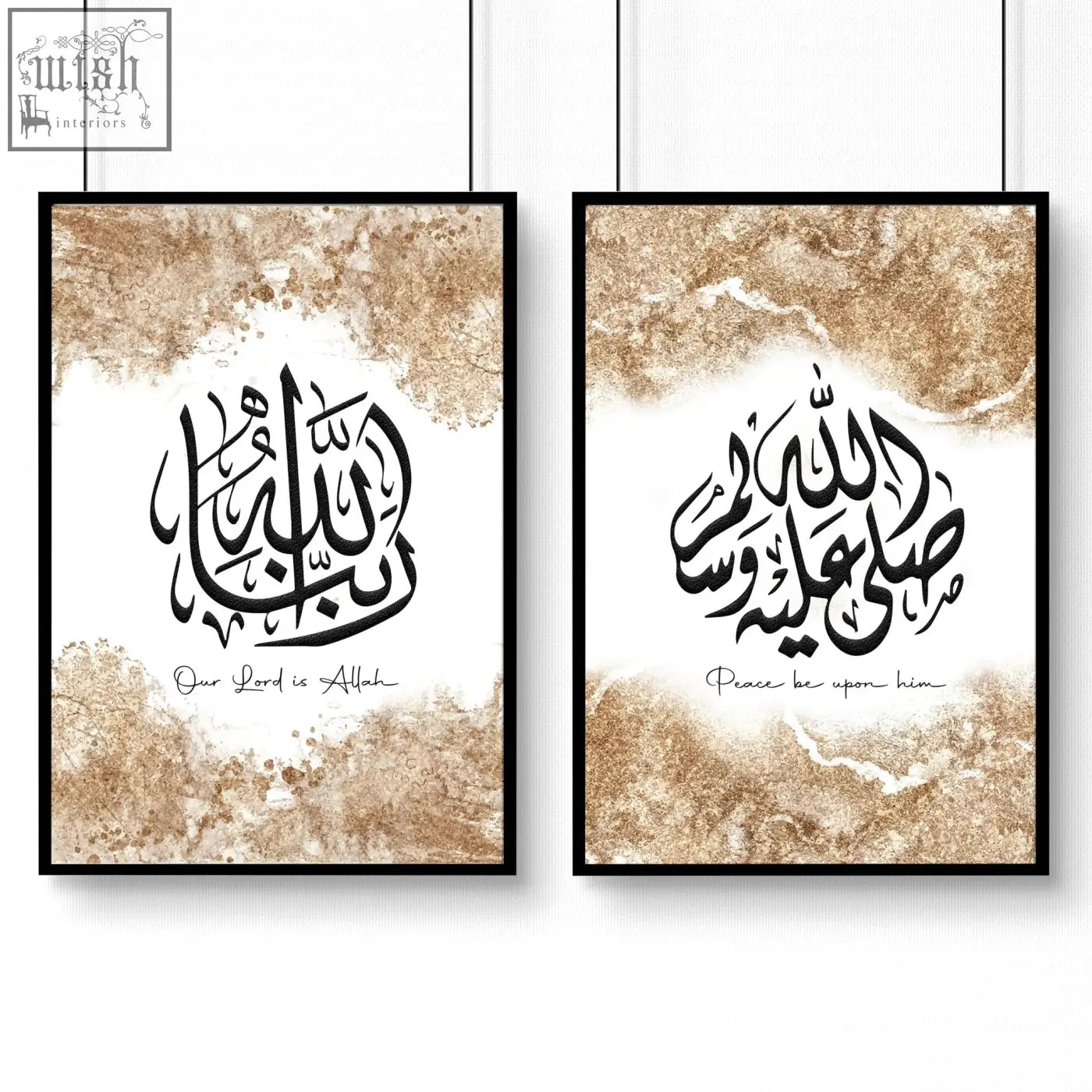 Set of 2 black-framed islamic wall art prints with gold marble backgrounds and english translations for bedroom decor