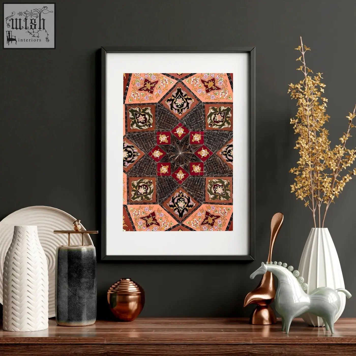 Black-framed wall art prints with terracotta and deep red Islamic geometry patterns perfect for bedroom decor