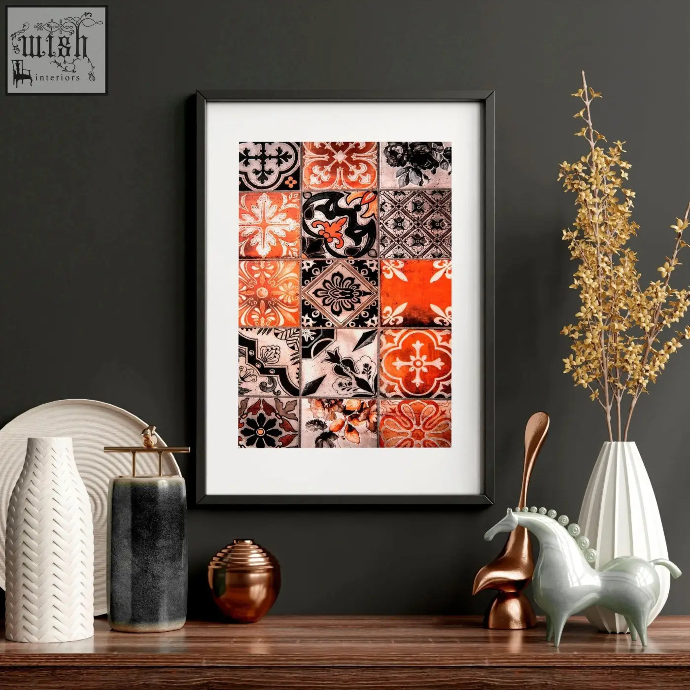 Black-framed wall art prints with vintage orange black cream islamic geometry patterns set for bedroom decor