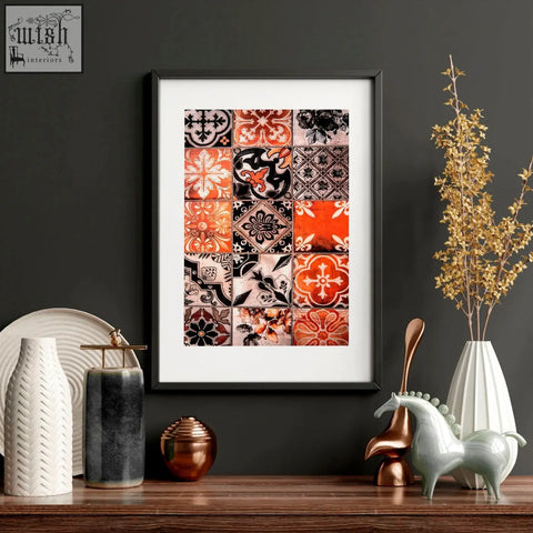 Black-framed wall art prints with vintage orange black cream islamic geometry patterns set for bedroom decor