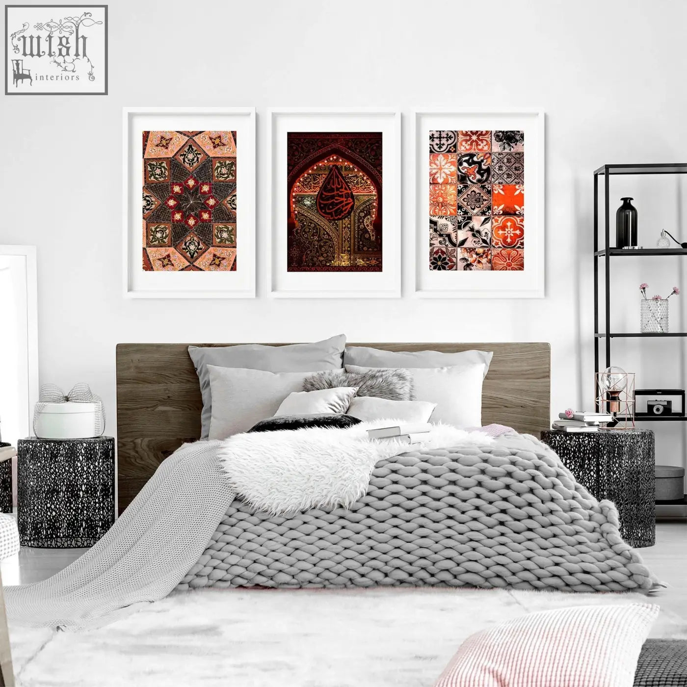 Gray knitted throw blanket with chunky texture paired with islamic geometry wall art prints set of 3 for bedroom