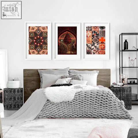 Gray knitted throw blanket with chunky texture paired with islamic geometry wall art prints set of 3 for bedroom