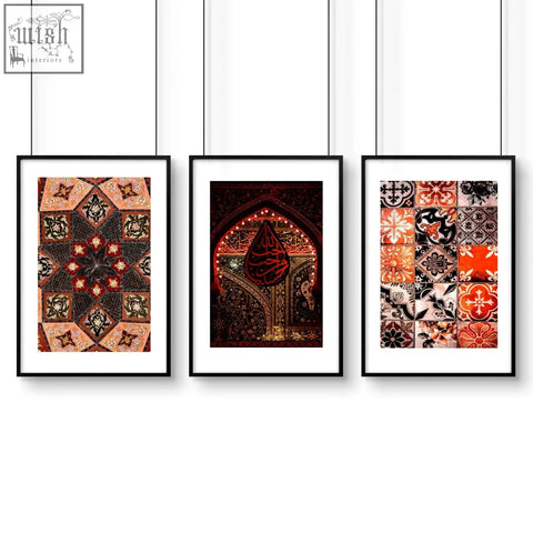 Three black-framed wall art prints featuring intricate islamic geometric and calligraphic designs in warm tones