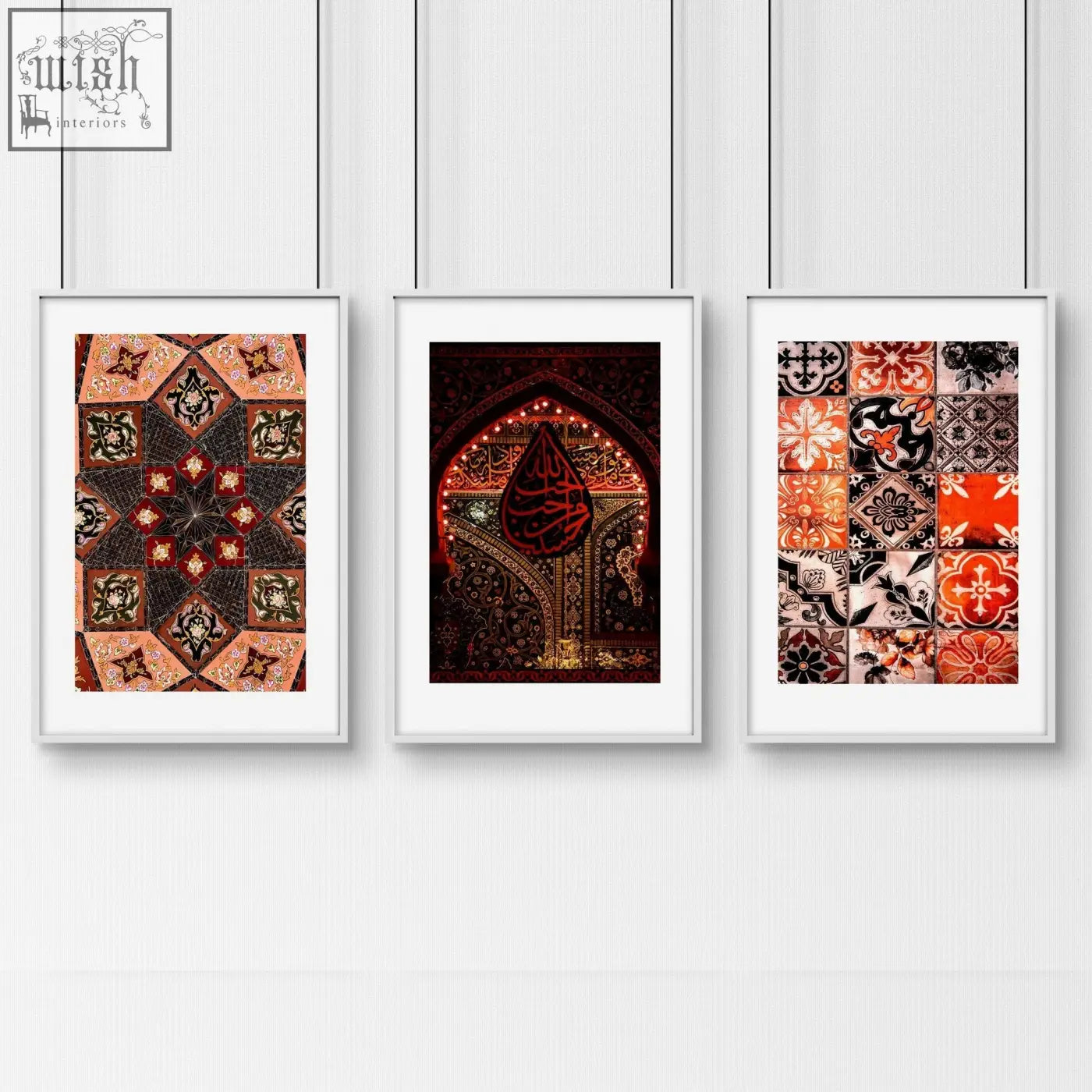 Three framed islamic wall art prints with intricate geometric and calligraphic designs in rich reds oranges blacks and golds