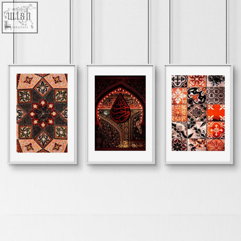 Three framed islamic wall art prints with intricate geometric and calligraphic designs in rich reds oranges blacks and golds