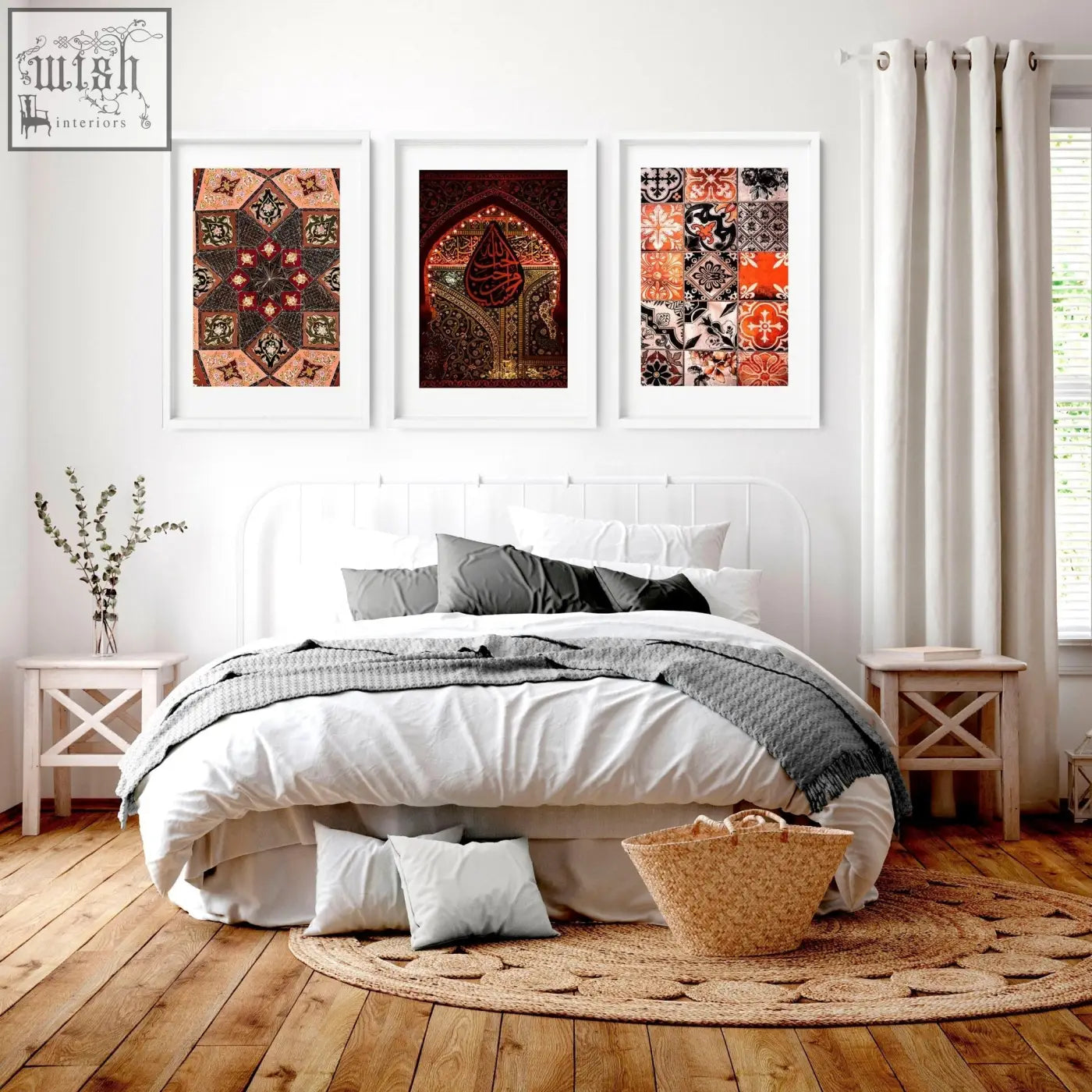 White framed islamic geometry wall art prints with intricate red orange black and beige patterns above bed