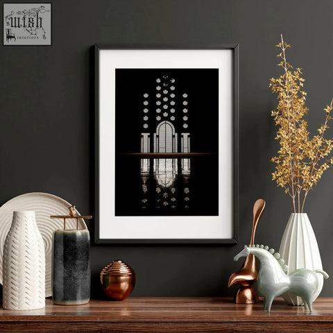 Black-framed wall art print with white intricate stained glass window design reflected in water for home decor set of 3