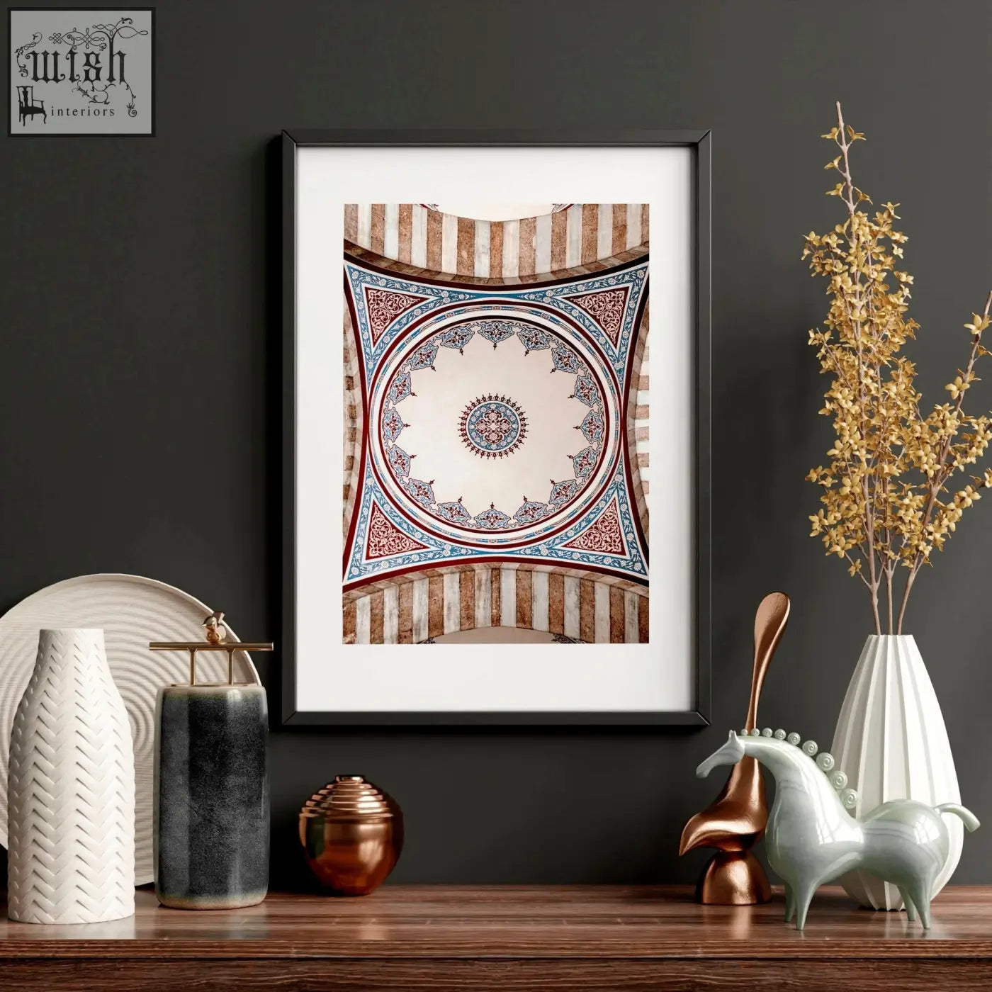 Black-framed wall art print with intricate red blue and cream geometric floral patterns perfect for home decor