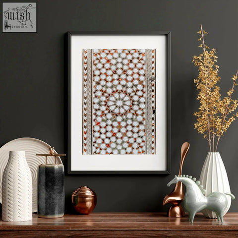 A framed set of 3 white copper and gray geometric mosaic wall art prints perfect for islamic home decor