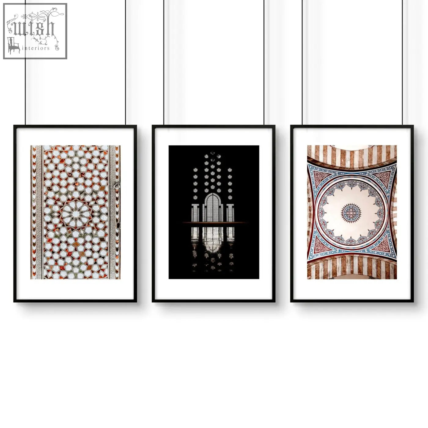 Three black-framed islamic wall art prints with intricate architectural designs in earthy tones perfect for home decor