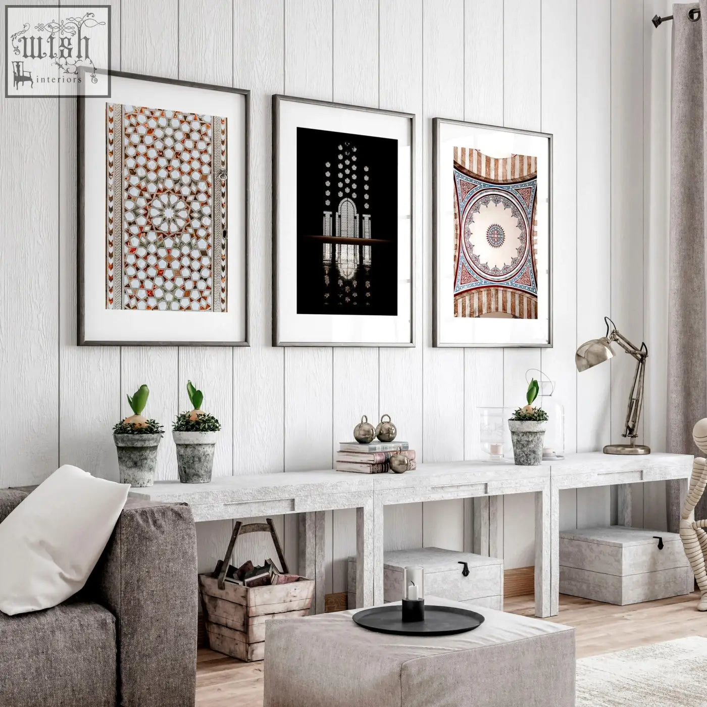 Three sleek black framed wall art prints with intricate geometric islamic designs perfect for home decor