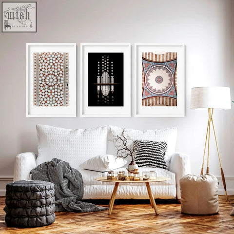 Three white framed wall art prints with intricate geometric and architectural designs perfect for islamic home decor