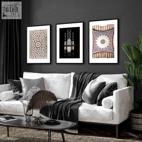 White leather sofa with black and gray pillows and dark gray blanket in Islamic home decor wall art prints setting