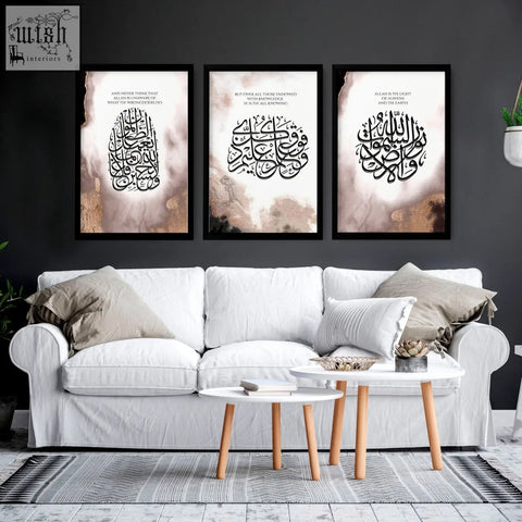 Three framed islamic modern art prints with black calligraphy on beige gold textured background in sleek black frames wall art prints