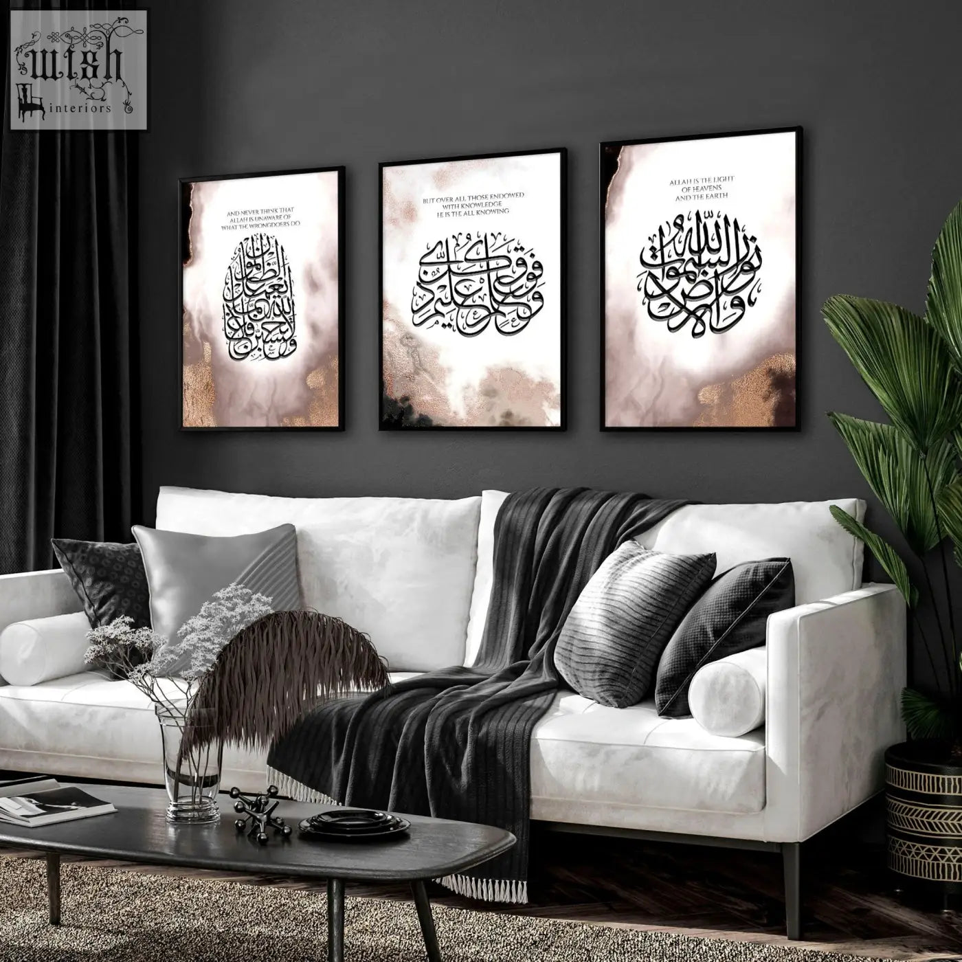 Set of 3 islamic modern art wall art prints with black calligraphy on textured beige and gold background