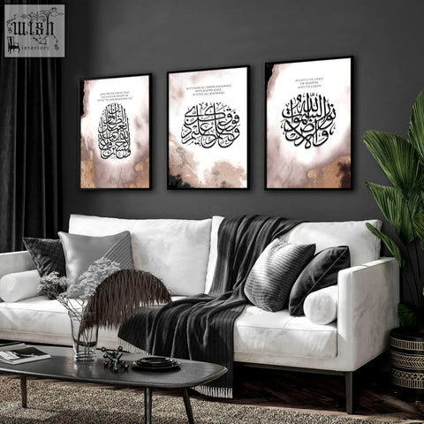 Set of 3 islamic modern art wall art prints with black calligraphy on textured beige and gold background