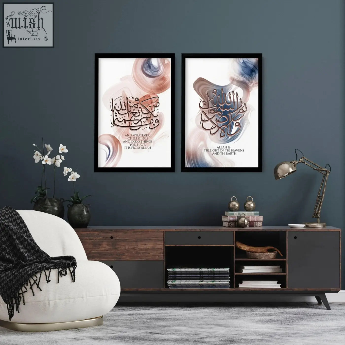 Two framed islamic wall art prints with abstract peach blue and white watercolor backgrounds perfect for home decor