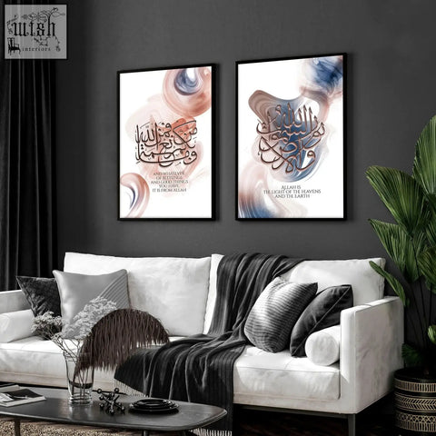Two framed islamic wall art prints with abstract watercolor backgrounds in soft peach blue and white tones