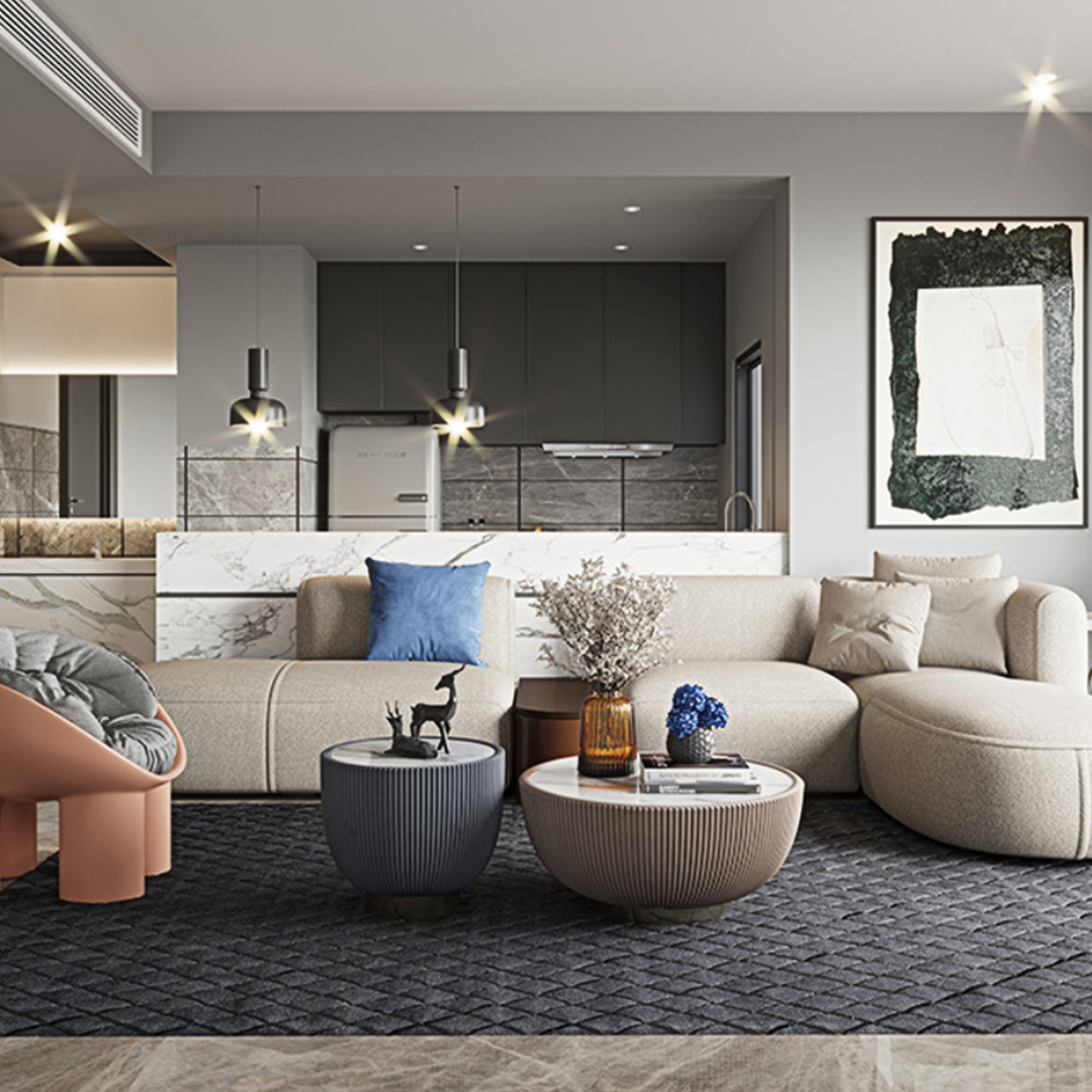 Beige isolde three seater corner sofa with blue throw pillow and textured ribbed coffee tables in grey velvet