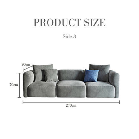 Isolde three seater corner grey velvet sofa with modular design and a single blue accent pillow