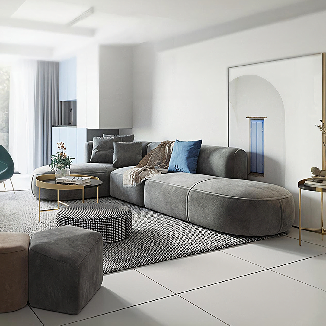 Modern gray velvet isolde three seater corner sofa with modular design and plush cushions for comfortable seating