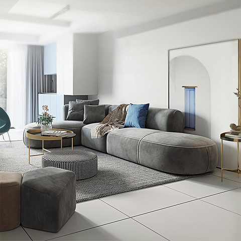 Modern gray velvet isolde three seater corner sofa with modular design and plush cushions for comfortable seating