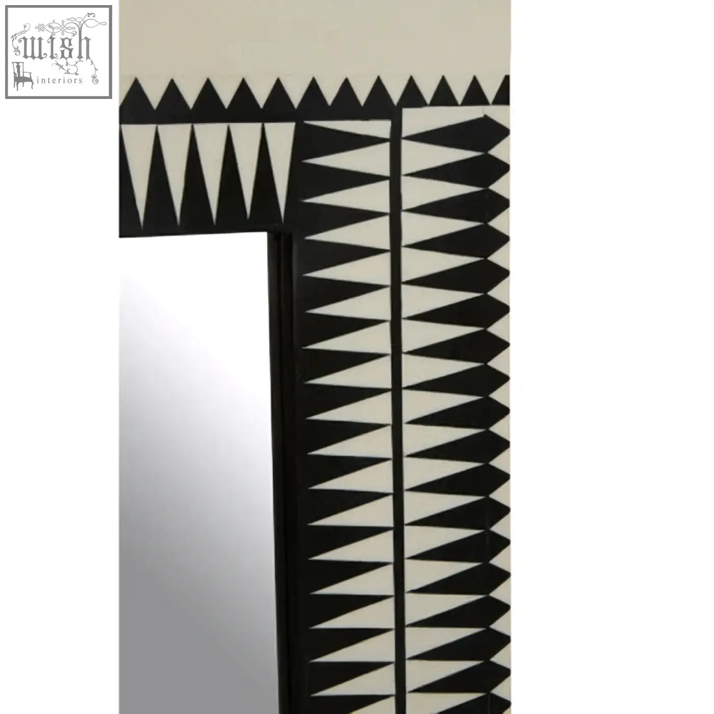 Issey wall mirror with bold black and white geometric pattern frame perfect as a white wall mirror focal point