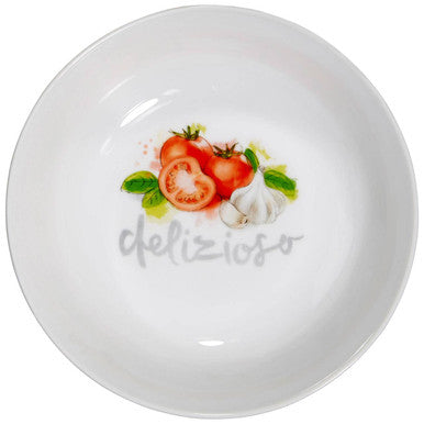 White ceramic italia pasta bowl with colorful tomato and garlic illustration and delizioso script design