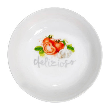 White ceramic italia pasta bowl with colorful tomato and garlic illustration and delicioso gray script design