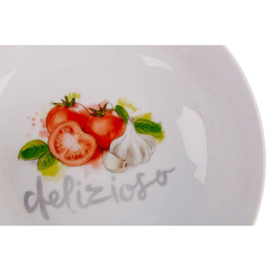White ceramic italia pasta bowl with colorful tomatoes and garlic illustration and delizioso script design