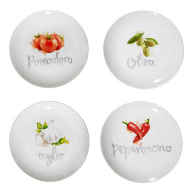 Set of four white ceramic antipasti plates featuring painted illustrations of italian ingredients pomodoro oliva aglio and peperonc
