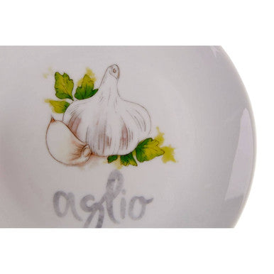 White ceramic antipasti plate with hand-painted garlic and green leaves and aglio script from four antipasti plates set