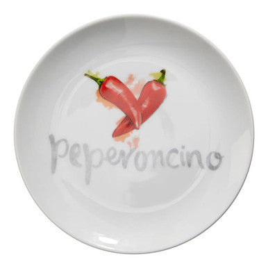 White ceramic antipasti plate with red chili pepper heart design and pepperoncino text, part of four antipasti plates set