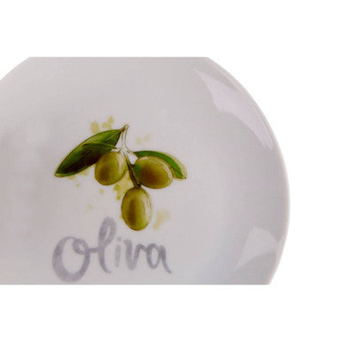 White ceramic antipasti plate with green olive branch illustration and oliva text from the italia set of four antipasti plates